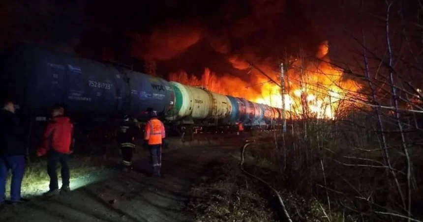 V noci otriasli Ruskou železnicou výbuchy, cisterny skončili v plameňoch